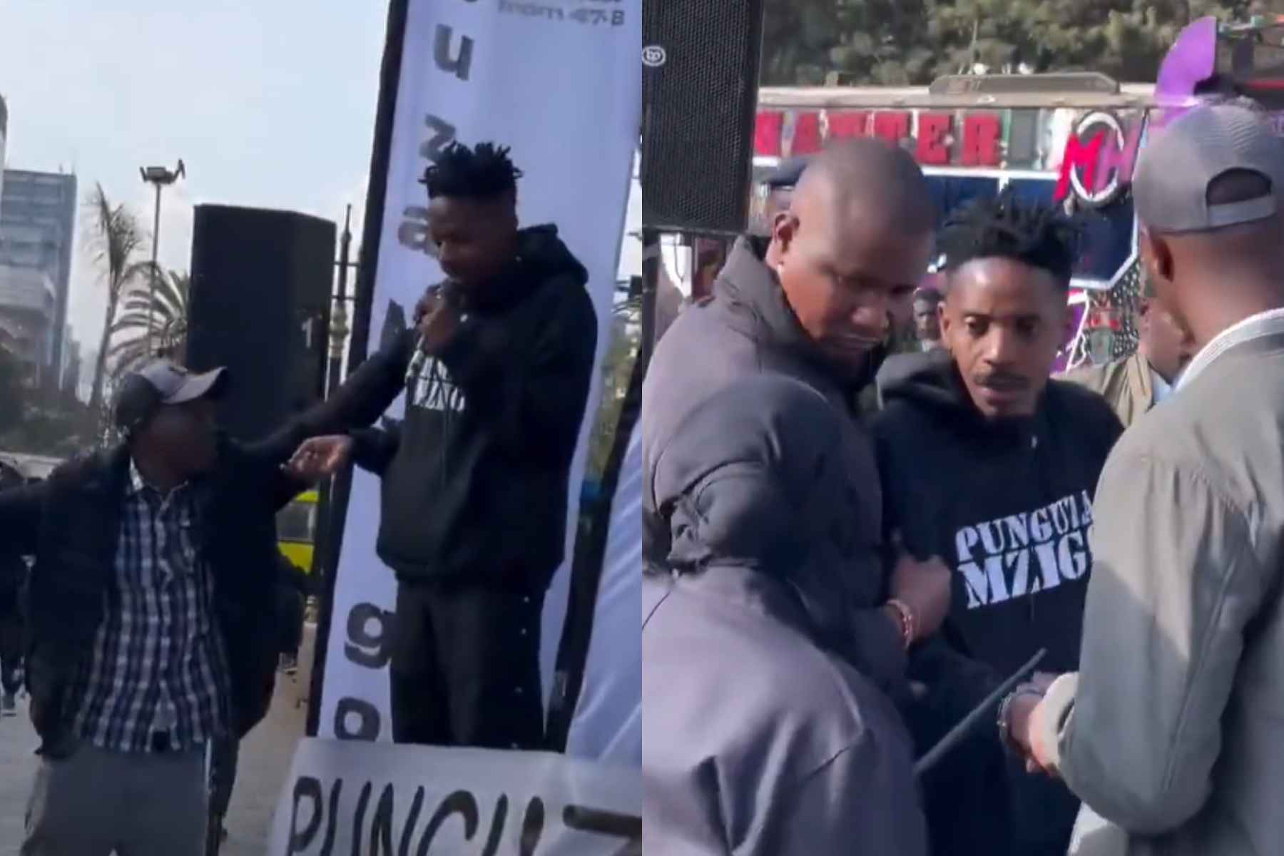 Collage photo of Eric Omondi being arrested in Nairobi CBD.
